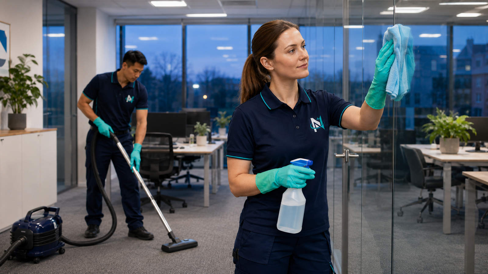 Novaris office cleaning team on a scheduled evening visit