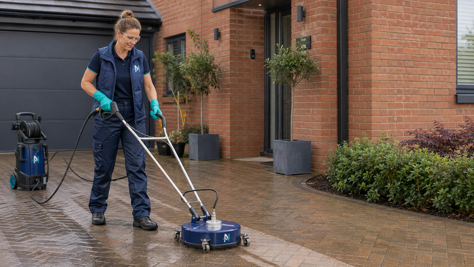 Novaris technician cleaning a hard floor surface with professional equipment