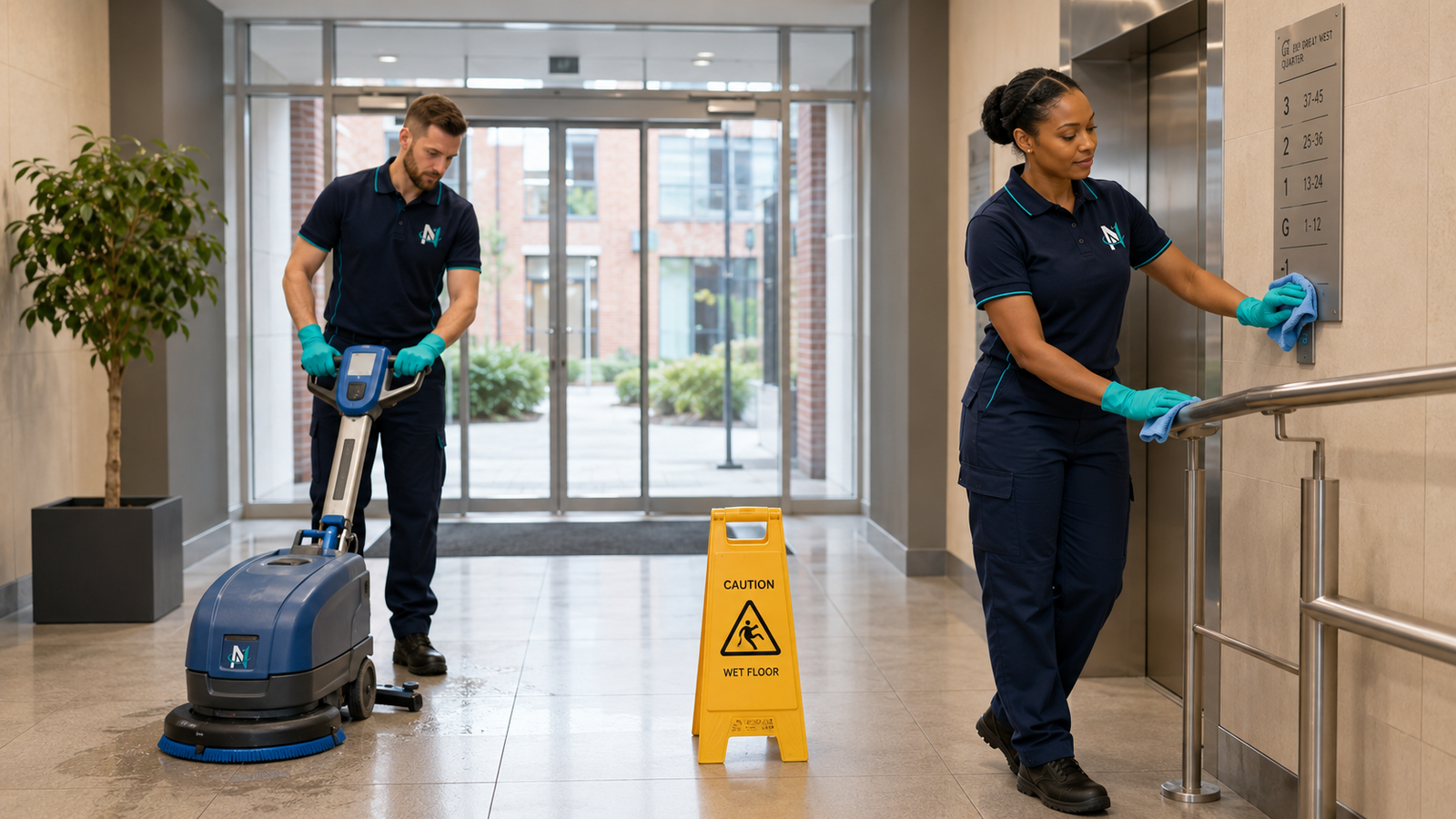 Novaris team maintaining a modern building lobby