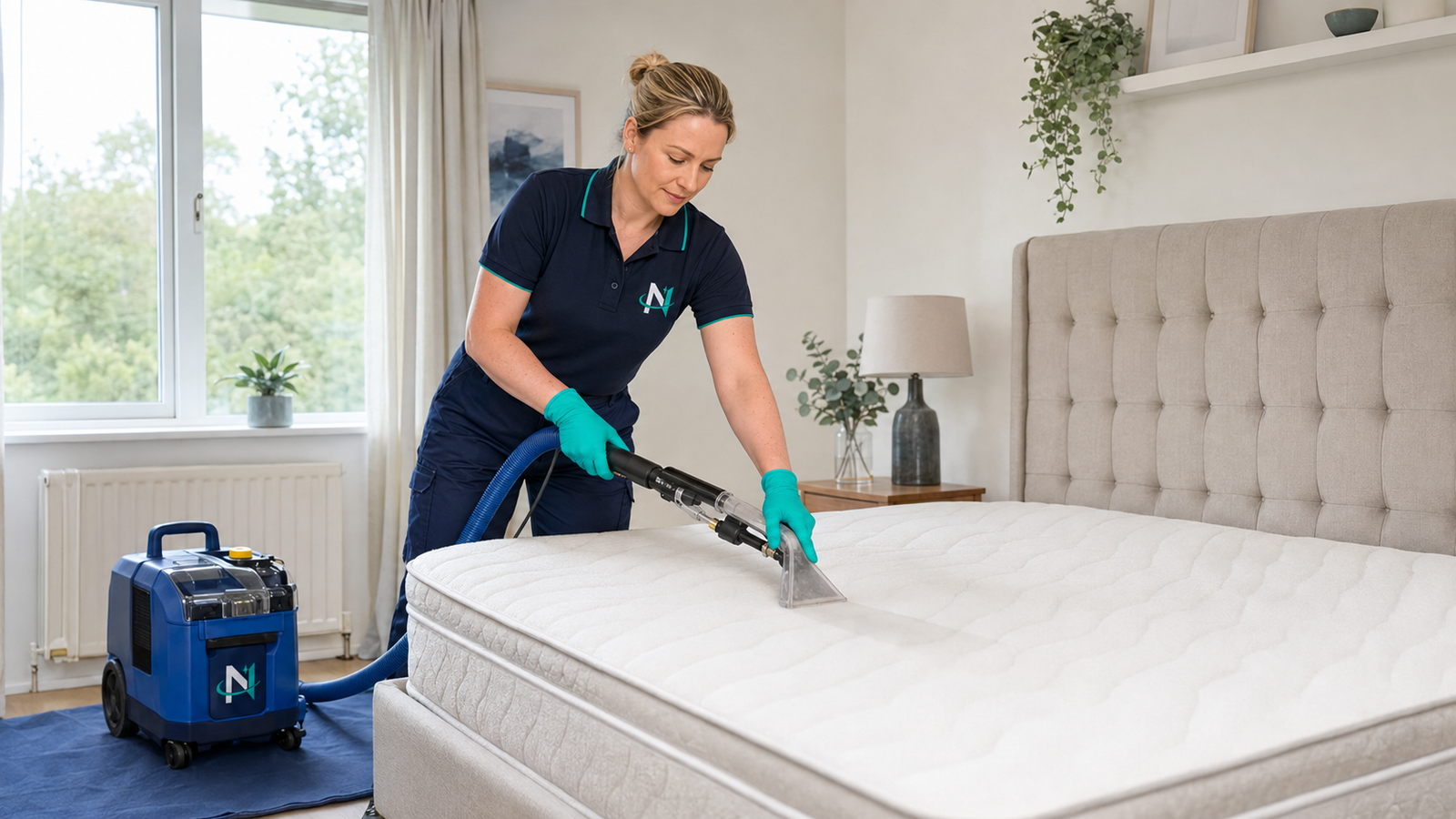 Professional mattress cleaning in a bright bedroom in Bridgwater