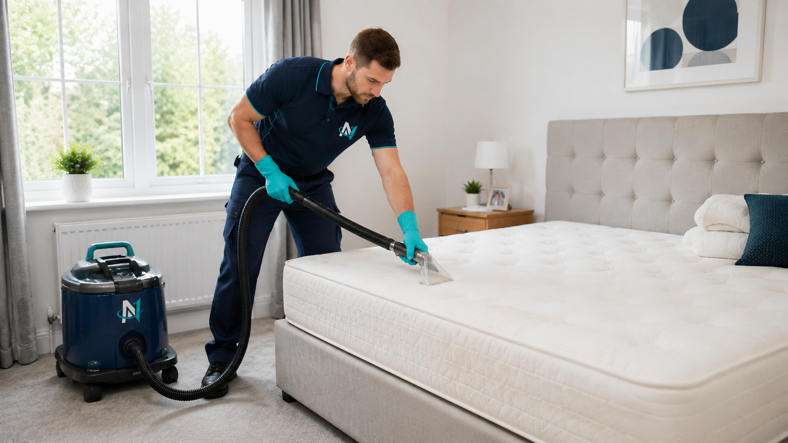 Professional mattress cleaning in a bright bedroom