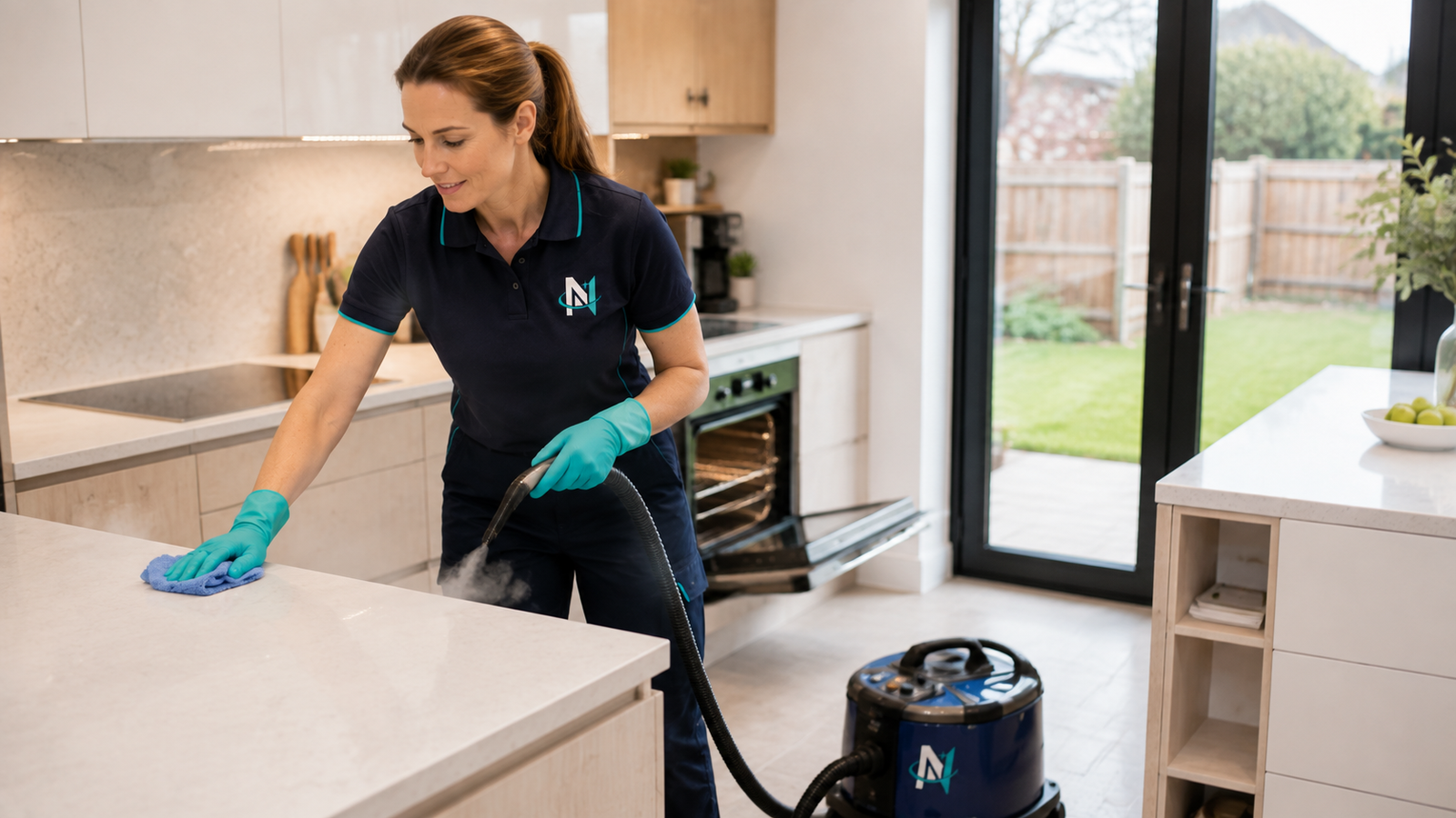 Professional steam cleaning in a modern kitchen