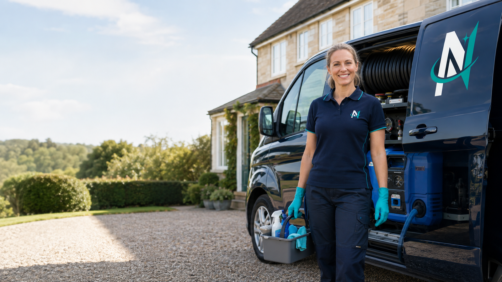 Smiling Novaris cleaner beside the van